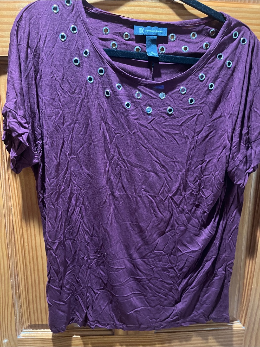INC International Concepts Plum Short-Sleeve Eyelet Detail Top